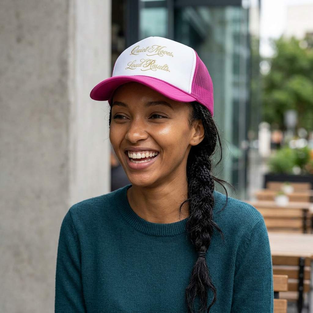 "Quiet Moves, Loud Results" - Embroidered Motivational Mesh Hat