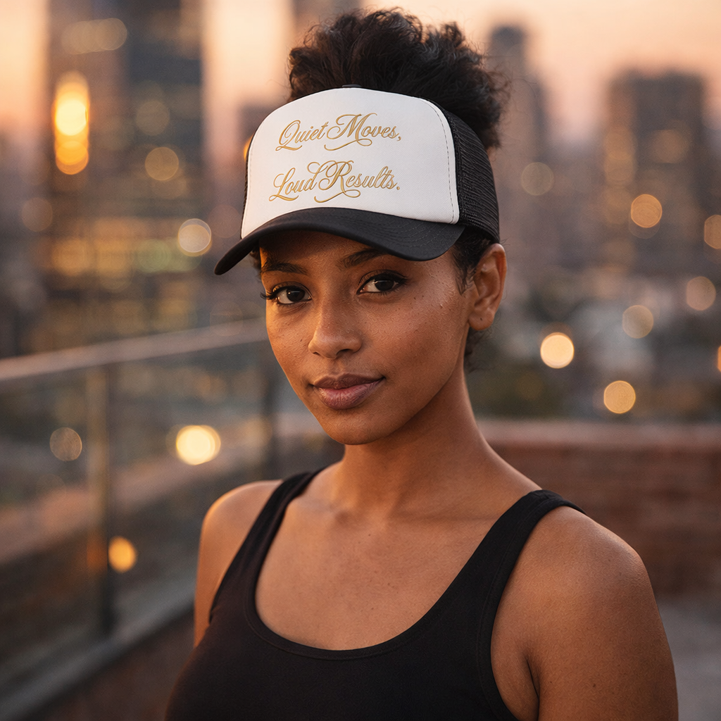 "Quiet Moves, Loud Results" - Embroidered Motivational Mesh Hat