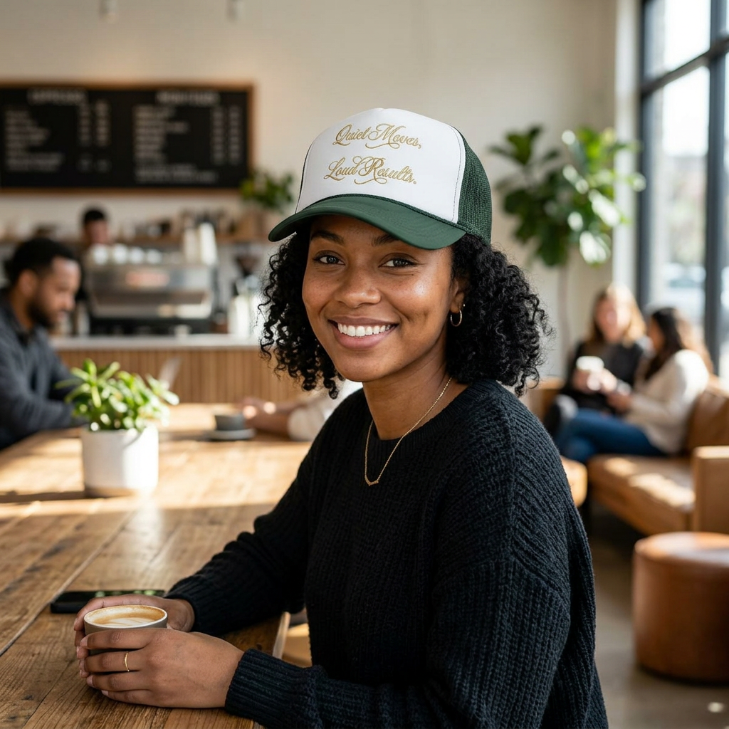 "Quiet Moves, Loud Results" - Embroidered Motivational Mesh Hat
